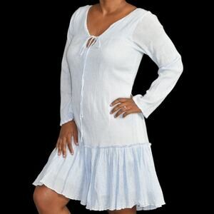 Apiece Apart Dress Blue Crinkled Drop Waist Minimalist Long Sleeve Cotton Size 4